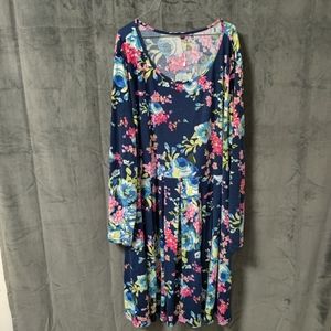 Blue Floral Super Soft Jersey Knit Long Sleeve Knee Length Dress Size 4X NWOT